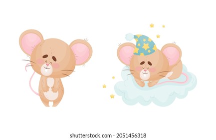 Cute Mouse Character as Small Rodent Sleeping on Soft Cloud in Night Cap and Standing Vector Set