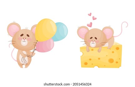 Cute Mouse Character as Small Rodent with Balloon Bunch and Lying on Cheese Slab Vector Set