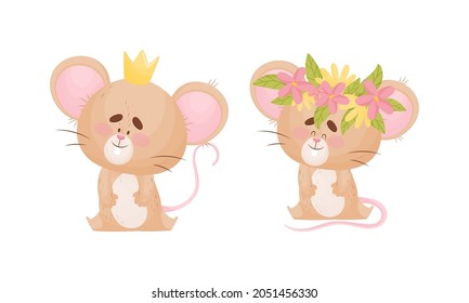Cute Mouse Character as Small Rodent Sitting with Crown and Floral Wreath on Its Head Vector Set