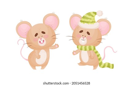 Cute Mouse Character as Small Rodent Wearing Knitted Hat and Waving Paw Vector Set
