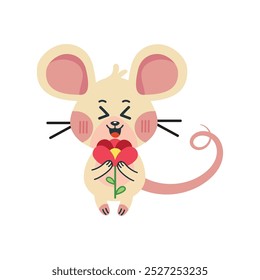 cute mouse character smiling with flower isolated