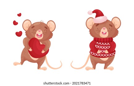 Cute Mouse Character Wearing Knitted Christmas Sweater and Holding Heart Vector Set