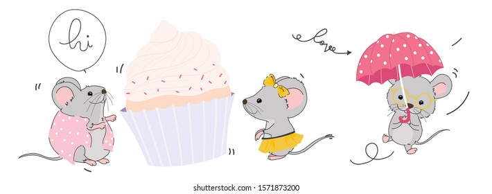 Cute mouse characters design vector, Kawaii rat Isolated on white background.
