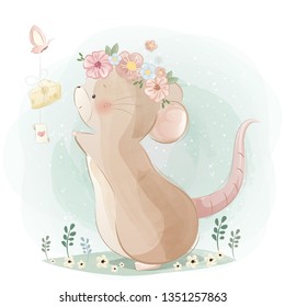 Cute Mouse Chasing a Butterfly