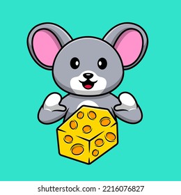 Cute Mouse With Cheese Cartoon Vector Icons Illustration. Flat Cartoon Concept. Suitable for any creative project.