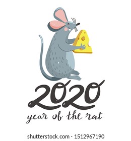 Cute mouse with cheese and creative lettering. Rat is Chinese symbol 2020 year. Merry Christmas card. Vector illustration on white background.