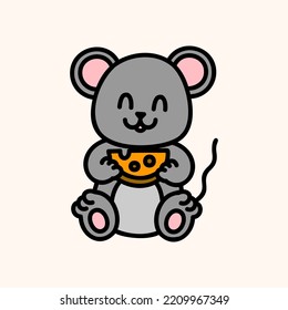 Cute mouse with cheese. Farm animal. Kawaii face. Hand draw doodle style. Vector on isolated background. For printing on paper and fabric, children's illustration