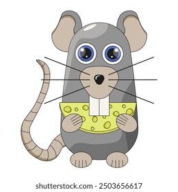 Cute mouse with cheese isolated transparent background. Trendy simple flat style rat. Vector illustration can used child t-shirt print fabric decor template, EPS 10