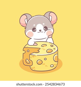 Ratón lindo con el animal del carácter del queso kawaii