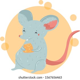 cute mouse with cheese in paws , hand draw vector illustration,cartoon design poster, web, postcard. Isolated