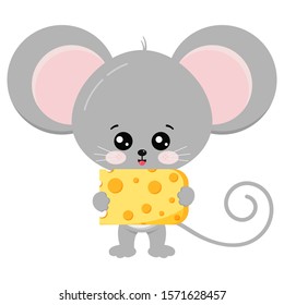 Cute mouse and cheese in paws vector illustration. Funny mice carrying slices of cheese isolated on white background. Little baby rat with food.  Animal adorable wildlife cartoon character.