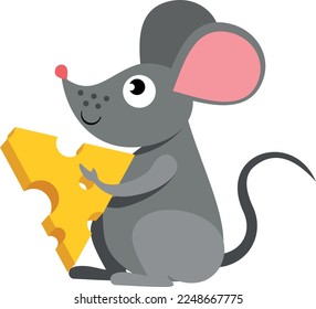 Cute mouse with cheese piece. Cartoon animal icon