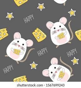 Cute mouse and cheese seamless pattern. Little rat with stars on grey background.