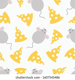 Cute mouse and cheese seamless pattern. Vector childish background for fabric, textile, wrapping. Symbol Chinese New Year 2020.