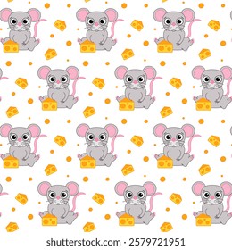 Cute mouse and cheese vector seamless pattern, Little rat has long tail and food background. Animal wildlife character.
