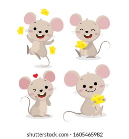 Cute mouse and cheese vector set. Little rat with food.  Animal wildlife cartoon character.