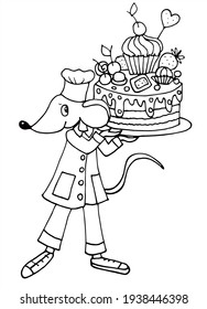Cute mouse chef with a big cake. Black and white vector for card or gift, for coloring. 