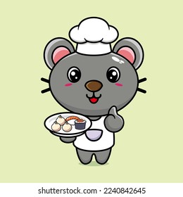 Cute mouse chef cartoon character with bring japanese food