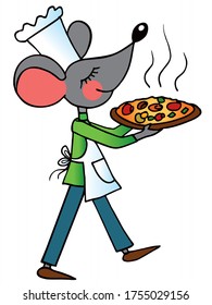 Cute mouse chef is carying a big pizza. Colored vector for card or gift. 