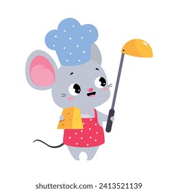 Cute Mouse Chef Character in Toque Hold Ladle and Cheese Vector Illustration