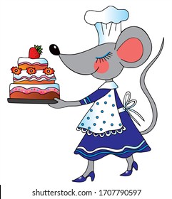 El chef de ratones se encarga de llevar una deliciosa tarta. Vector coloreado para tarjeta o regalo. 