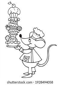 Cute mouse chef is holding many cakes. Black and white vector for coloring, for card or gift. 