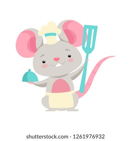 Cute mouse chef holding a spatula, funny animal cartoon character vector Illustration on a white background