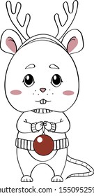 Cute mouse with Christmas ball. New year 2020. Year of the mouse-rat. Vector outline illustration drawings on a white background.
