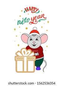 Cute mouse in a Christmas hat with a gingerbread as a gift. Christmas illustration with hand lettering and a mouse in a sweater. Happy new year of the rat. Design in flat style. Christmas cookies