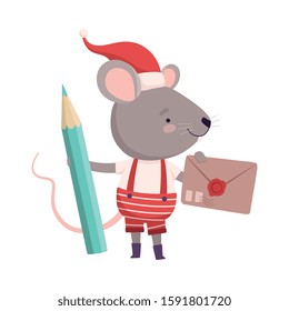 Cute Mouse in Christmas Santa Claus Costume with Pencil and Envelope, Cute Small Rodent Animal Character, Symbol of 2020 Year Vector Illustration