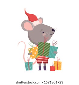 Cute Mouse in Christmas Santa Claus Costume with Gift Boxes, Cute Small Rodent Animal Character, Symbol of 2020 Year Vector Illustration