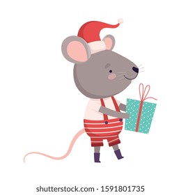 Cute Mouse in Christmas Santa Claus Costume Holding Gift Box, Cute Small Rodent Animal Character, Symbol of 2020 Year Vector Illustration