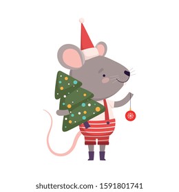 Cute Mouse in Christmas Santa Claus Costume Holding Fir Tree and Bauble, Cute Small Rodent Animal Character, Symbol of 2020 Year Vector Illustration