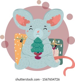 cute mouse with a Christmas tree in paws and gifts, hand draw vector illustration, New year and  winter design poster, web, postcard. Isolated