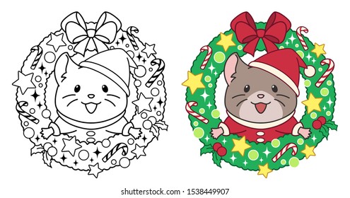 Cute mouse and Christmas wreath. Hand drawn contour vector illustration. Isolated on white background. Can be used for coloring book, sticker, tattoo, postcard, holder, shirt design.