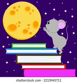 A cute mouse climbs up to the moon on the stairs from the books. Cartoon vector illustration for children