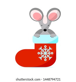 Cute mouse climbs out of a sock isolated on white background. Creative character  for 2020 New Year. Rat symbol of the year in the Chinese calendar. Vector illustration. Funny design