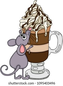 Cute mouse with a coffee cup cappuccino latte with cream
