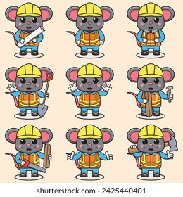 Cute Mouse Construction Contractor Illustration. Vector illustration of a cute building foreman Mouse . Cute Mouse construction worker cartoon. Flat Cartoon Style.