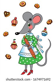 Cute mouse is cooking cupcakes and biscuits. Colored vector for card or gift. 
