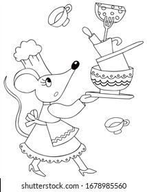 Ratón lindo con sombrero de cocina que se encarga de muchos platos. Vector blanco y negro para colorear, para tarjeta o regalo. 