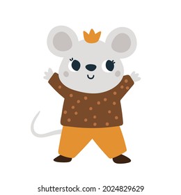 Cute mouse in crown isolated on white background. Little mice prince. Baby animal illustration for kids. Childish vector cartoon character for children. For nursery print, clothing