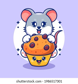 Cute mouse with cup cake cartoon