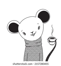 cute mouse with cup of hot drink, vector illustration, good morning clipart good for card and print design