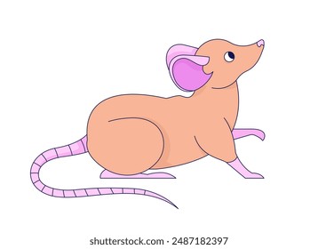 Lindo ratón curioso personaje de dibujos animados 2D. Rata roedor aislado Vector plano animal fondo blanco. Hogar diminuta mascota olfateando. Plaga animal con cola. Pequeña ilustración de mancha de color de mamífero adorable