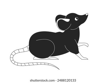 Lindo ratón curioso blanco y negro 2D línea de personaje de dibujos animados. Rata roedor aislado contorno de Vector animal. Hogar diminuta mascota olfateando. Plaga con cola. Pequeña ilustración de mancha monocromática de mamífero adorable