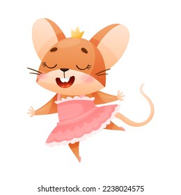 Cute Mouse Dancing Ballet Wearing Skirt and Crown on Its Head Vector Illustration