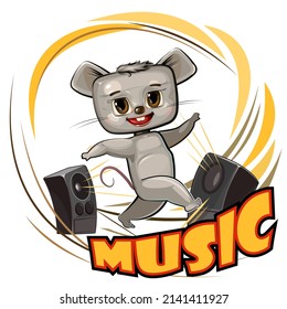 Cute Mouse dancing. Cartoon style. Loud music from speakers. Dance of a funny animal child. Illustration for children. Isolated over white background. Vector.