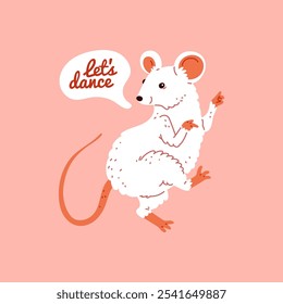 Lindo ratón bailando y sonriendo. Dibujos animados divertidos mascota divertirse en la fiesta de discoteca. Música de arte de entretenimiento animal. Vector plano feliz mamífero ilustración de personaje. Vamos a bailar