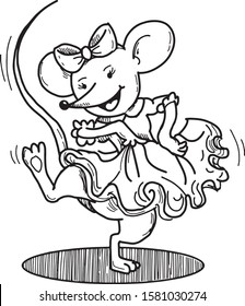 Cute mouse dancing. Vector for card or gift.Hand drawing black and white illustration.